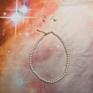 🦪 White Pearl Necklace and Earrings Set
